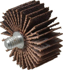 Merit Abrasives - 1-3/8" Diam x 5/8" Face Width, Medium Aluminum Oxide Coated Mounted Flap Wheel - 1/4-20 Threaded Mount, 60 Grit, Cloth Backing, 30,000 Max RPM - Benchmark Tooling