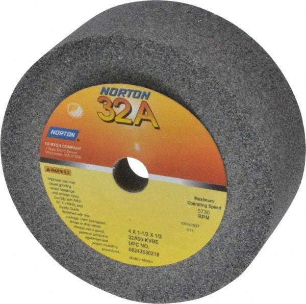 Norton - 4" Diam, 1/2" Hole Size, 1-1/2" Overall Thickness, 60 Grit, Type 6 Tool & Cutter Grinding Wheel - Medium Grade, Aluminum Oxide, K Hardness, Vitrified Bond, 5,730 RPM - Benchmark Tooling