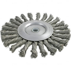 Brush Research Mfg. - 4" OD, 3/8 & 1/2" Arbor Hole, Knotted Stainless Steel Wheel Brush - 3/8" Face Width, 13/16" Trim Length, 20,000 RPM - Benchmark Tooling