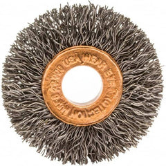 Brush Research Mfg. - 1-1/2" OD, 3/8" Arbor Hole, Crimped Carbon Wheel Brush - 1/4" Face Width, 3/8" Trim Length, 20,000 RPM - Benchmark Tooling