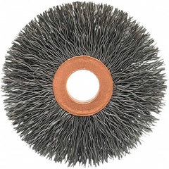 Brush Research Mfg. - 3-1/2" OD, 1/2" Arbor Hole, Crimped Stainless Steel Wheel Brush - 5/8" Face Width, 5/16" Trim Length, 20,000 RPM - Benchmark Tooling