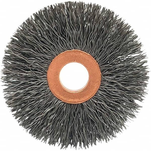 Brush Research Mfg. - 3" OD, 5/8" Arbor Hole, Crimped Carbon Wheel Brush - 5/8" Face Width, 15/16" Trim Length, 20,000 RPM - Benchmark Tooling