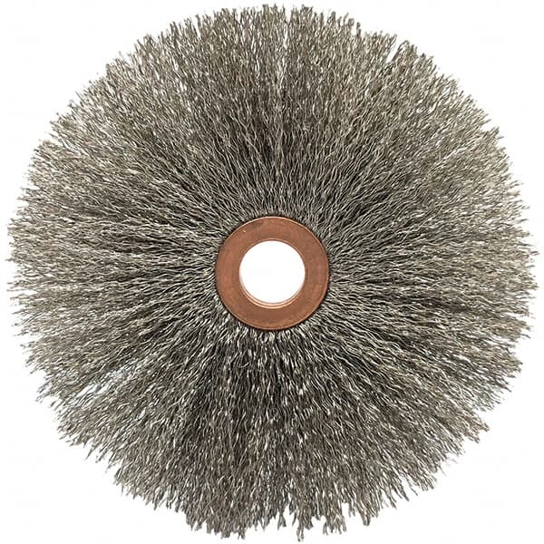 Brush Research Mfg. - 4" OD, 1/2" Arbor Hole, Crimped Stainless Steel Wheel Brush - 5/8" Face Width, 1-9/16" Trim Length, 20,000 RPM - Benchmark Tooling