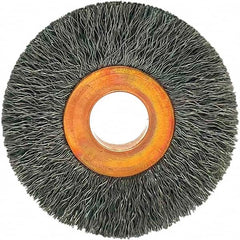 Brush Research Mfg. - 1-1/2" OD, 3/8" Arbor Hole, Crimped Carbon Wheel Brush - 1/4" Face Width, 3/8" Trim Length, 20,000 RPM - Benchmark Tooling