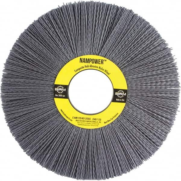 Brush Research Mfg. - 8" OD, 2" Arbor Hole, Crimped Abrasive Nylon Wheel Brush - 1/2" Face Width, 2-1/2" Trim Length, 3,600 RPM - Benchmark Tooling