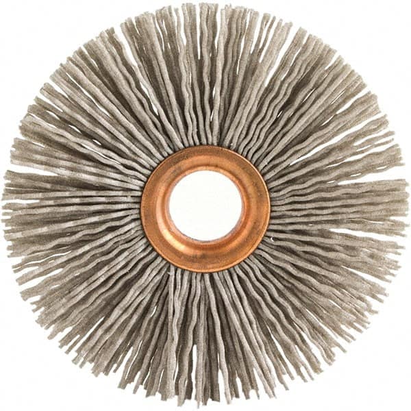 Brush Research Mfg. - 3" OD, 1/2" Arbor Hole, Crimped Abrasive Nylon Wheel Brush - 1/2" Face Width, 1" Trim Length, 20,000 RPM - Benchmark Tooling