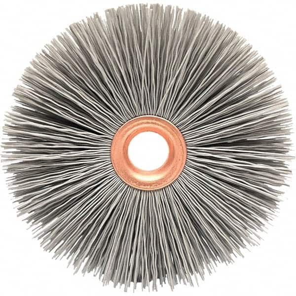 Brush Research Mfg. - 2-1/2" OD, 1/2" Arbor Hole, Crimped Abrasive Nylon Wheel Brush - 1/2" Face Width, 3/4" Trim Length, 20,000 RPM - Benchmark Tooling