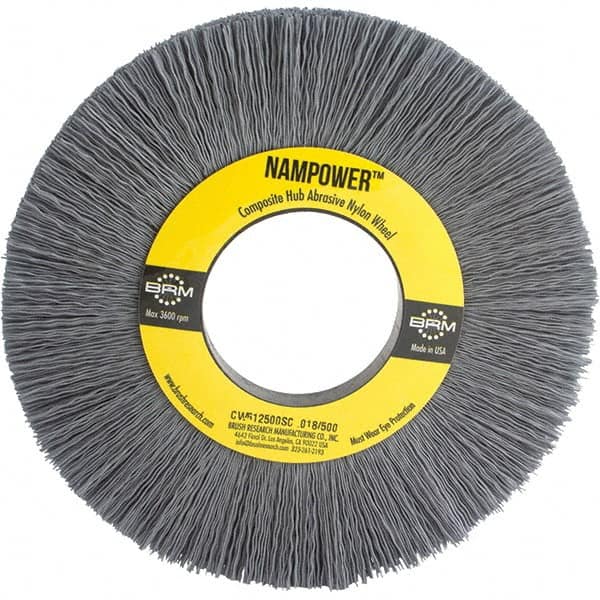 Brush Research Mfg. - 6" OD, 2" Arbor Hole, Crimped Abrasive Nylon Wheel Brush - 1/2" Face Width, 1-1/2" Trim Length, 3,600 RPM - Benchmark Tooling