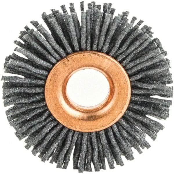Brush Research Mfg. - 1" OD, 3/8" Arbor Hole, Crimped Abrasive Nylon Wheel Brush - 1/4" Face Width, 1/8" Trim Length, 20,000 RPM - Benchmark Tooling