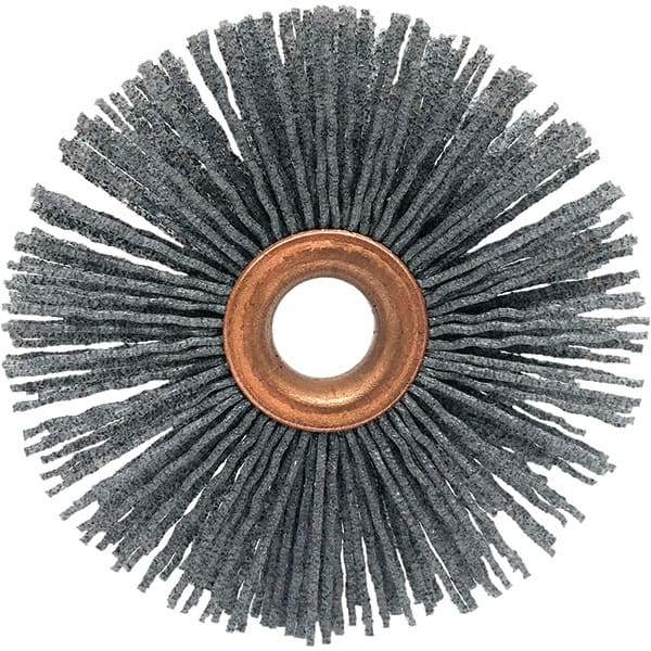 Brush Research Mfg. - 1-1/2" OD, 3/8" Arbor Hole, Crimped Abrasive Nylon Wheel Brush - 5/16" Face Width, 3/8" Trim Length, 20,000 RPM - Benchmark Tooling