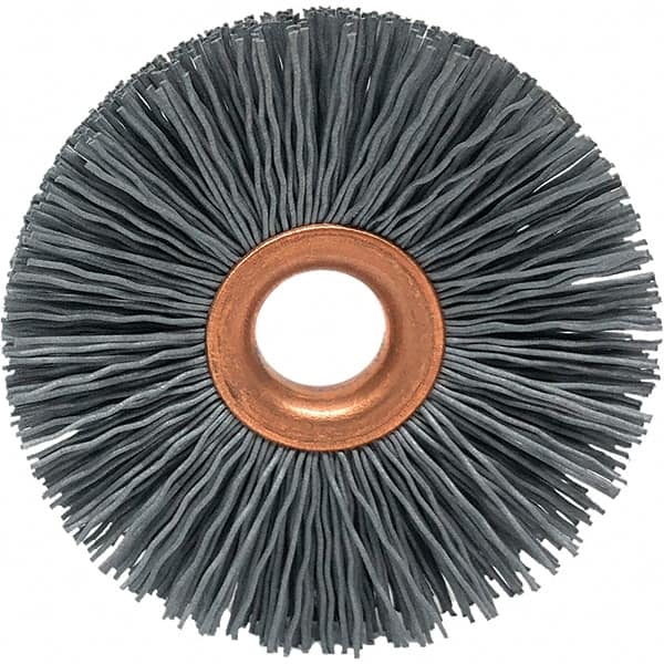 Brush Research Mfg. - 4" OD, 5/8" Arbor Hole, Crimped Abrasive Nylon Wheel Brush - 3/4" Face Width, 1-7/16" Trim Length, 20,000 RPM - Benchmark Tooling