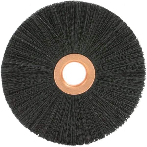 Brush Research Mfg. - 1-3/8" OD, 1/4" Arbor Hole, Crimped 6-12 Nylon Wheel Brush - 1/4" Face Width, 3/8" Trim Length, 20,000 RPM - Benchmark Tooling