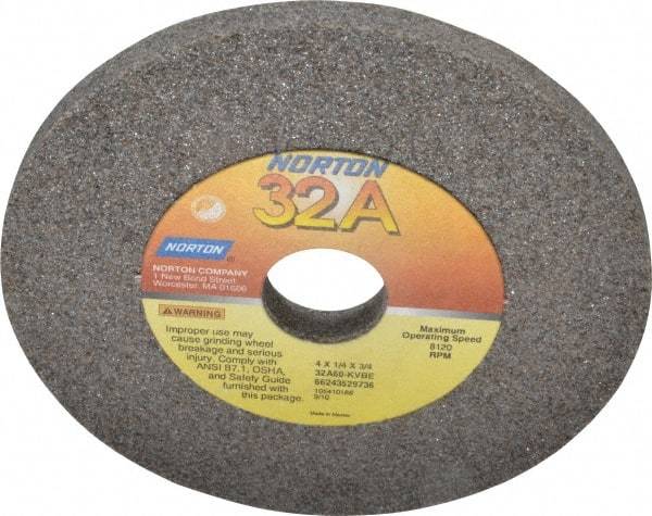 Norton - 60 Grit Aluminum Oxide Type 1 Internal Grinding Wheel - 4" Diam x 3/4" Hole x 1/4" Thick, 8,120 Max RPM, Type 1 Medium Grade, K Hardness, Vitrified Bond, No Recess - Benchmark Tooling