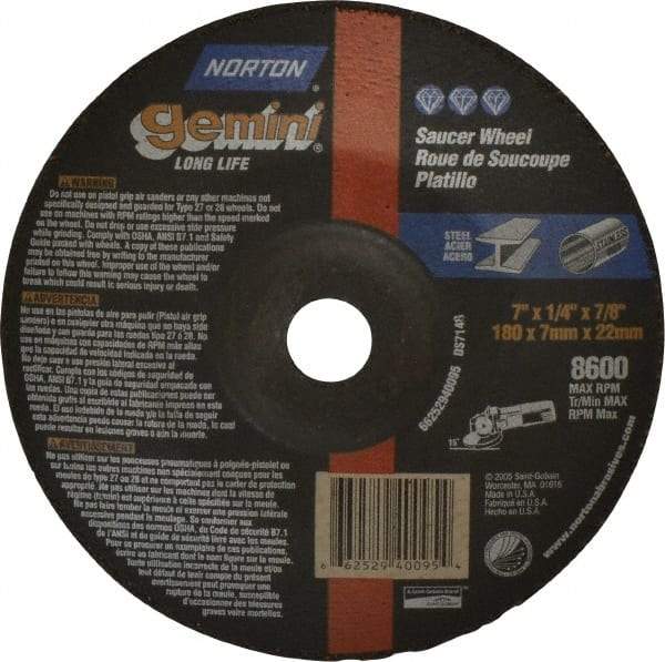 Norton - 24 Grit, 7" Wheel Diam, 1/4" Wheel Thickness, 7/8" Arbor Hole, Type 28 Depressed Center Wheel - Aluminum Oxide, 8,600 Max RPM, Compatible with Angle Grinder - Benchmark Tooling