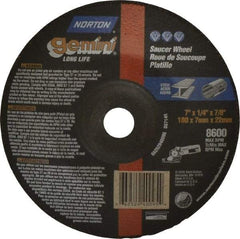 Norton - 24 Grit, 7" Wheel Diam, 1/4" Wheel Thickness, 7/8" Arbor Hole, Type 28 Depressed Center Wheel - Aluminum Oxide, 8,600 Max RPM, Compatible with Angle Grinder - Benchmark Tooling