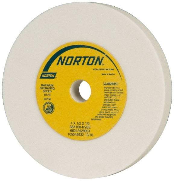 Norton - 100 Grit Aluminum Oxide Type 1 Internal Grinding Wheel - 4" Diam x 1/2" Hole x 1/2" Thick, 8,120 Max RPM, Type 1 Fine Grade, K Hardness, Vitrified Bond, No Recess - Benchmark Tooling