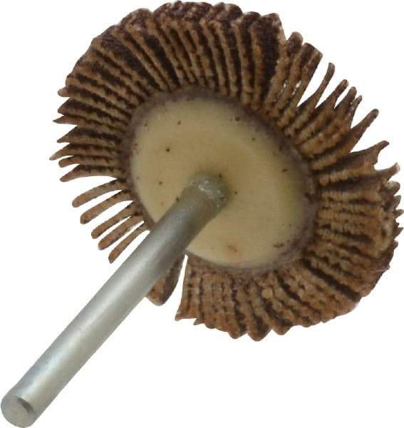 Merit Abrasives - 1-3/16" Diam x 1/8" Face Width, Medium Aluminum Oxide Coated Mounted Flap Wheel - 1/8" Shank Mount, 80 Grit, Cloth Backing, 30,000 Max RPM - Benchmark Tooling