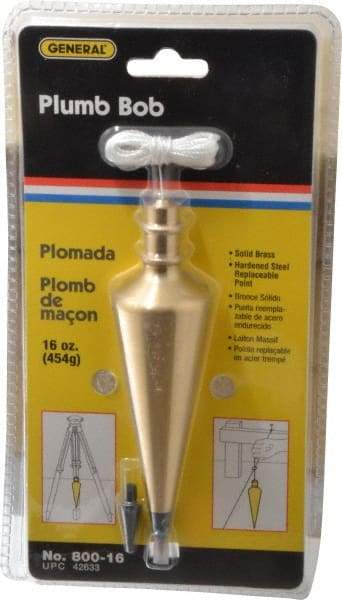 General - 5-3/4 Inch Long, 1-1/2 Inch Diameter Brass Plumb Bob - 16 Ounce, Has Replacable Tip - Benchmark Tooling