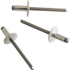 STANLEY Engineered Fastening - Size 4 Large Flange Head Aluminum Open End Blind Rivet - Aluminum Mandrel, 0.063" to 1/8" Grip, 1/8" Head Diam, 0.129" to 0.133" Hole Diam, 0.078" Body Diam - Benchmark Tooling