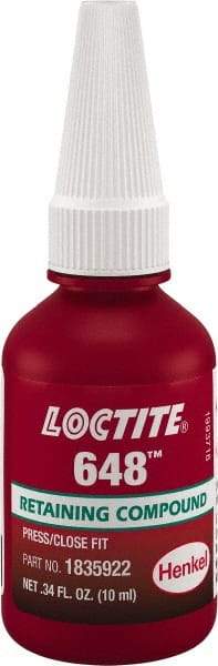 Loctite - 10 mL, Green, High Strength Gel Retaining Compound - Series 648, 24 hr Full Cure Time - Benchmark Tooling