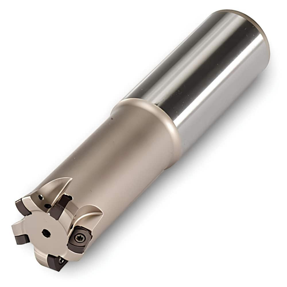 Indexable High-Feed End Mill: 25 mm Cut Dia, 0.98 mm Cylindrical Shank Uses 3 UNLU Inserts, 1 mm Max Depth, 220 mm OAL, Through Coolant