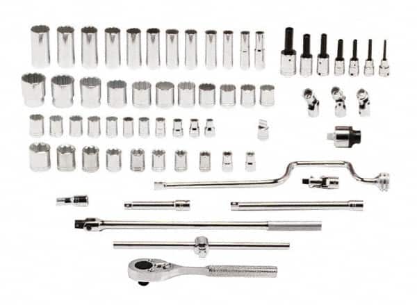 Proto - 65 Piece 1/2" Drive Standard Deep Socket Set - 8 & 12 Points, 3/8 to 1-1/2", Inch Measurement Standard - Benchmark Tooling