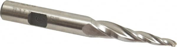 Made in USA - 5° Taper Angle per Side, 1/8" Small End Diam, 1-1/2" LOC, High Speed Steel 3 Flute Tapered Ball End Mill - 3-1/4" OAL, 3/8" Shank Diam - Benchmark Tooling
