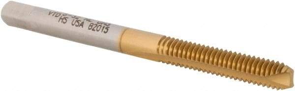 Vermont Tap & Die - #8-32 UNC, 2 Flute, TiN Finish, High Speed Steel Spiral Point Tap - Bottoming Chamfer, Right Hand Thread, 2-1/8" OAL, 3/4" Thread Length, 4.27mm Shank Diam, 2B Class of Fit, Series TN3112 - Exact Industrial Supply