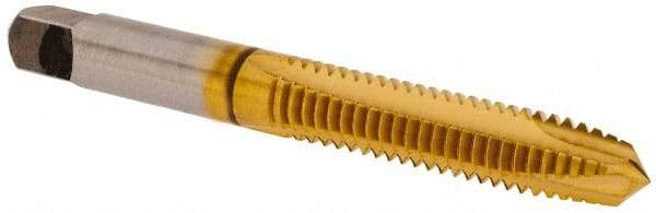 Vermont Tap & Die - 5/16-18 UNC, 3 Flute, TiN Finish, High Speed Steel Spiral Point Tap - Plug Chamfer, Right Hand Thread, 2-23/32" OAL, 1-1/8" Thread Length, 8.08mm Shank Diam, 2B Class of Fit, Series TN3112 - Exact Industrial Supply