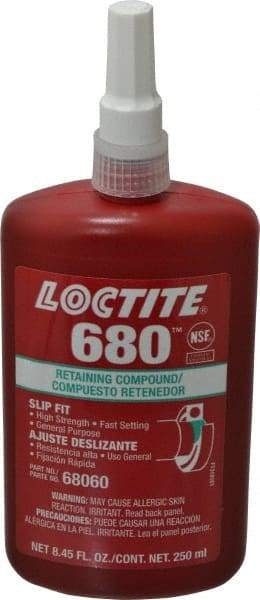 Loctite - 250 mL Bottle, Green, High Strength Liquid Retaining Compound - Series 680, 24 hr Full Cure Time, Hand Tool Removal - Benchmark Tooling