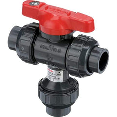 Asahi/America - 3" Pipe, Full Port, PVC Multiport Ball Valve - Three Way, Socket Ends, Tee Handle - Benchmark Tooling