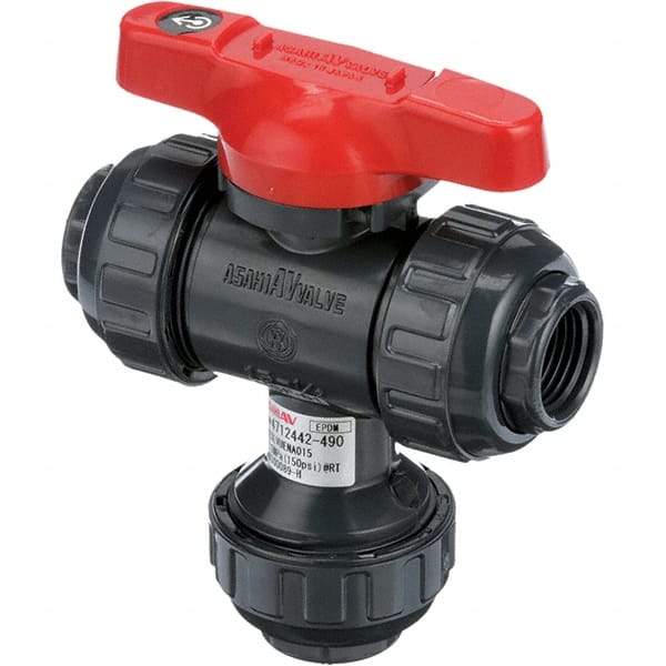 Asahi/America - 3/4" Pipe, Full Port, PVC Multiport Ball Valve - Three Way, Threaded Ends, Tee Handle - Benchmark Tooling