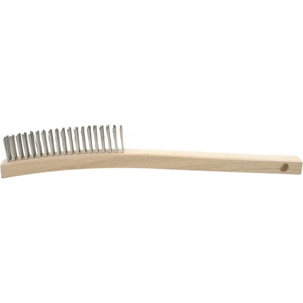 Brush Research Mfg. - 4 Rows x 19 Columns Stainless Steel Scratch Brush - 5-3/4" Brush Length, 13-3/4" OAL, 1-1/8 Trim Length, Wood Curved Back Handle - Benchmark Tooling