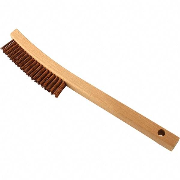 Brush Research Mfg. - 3 Rows x 19 Columns Bronze Scratch Brush - 5-3/4" Brush Length, 13-3/4" OAL, 1-1/8 Trim Length, Wood Curved Back Handle - Benchmark Tooling