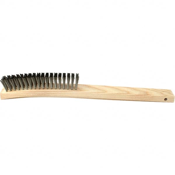 Brush Research Mfg. - 4 Rows x 19 Columns Stainless Steel Scratch Brush - 5-3/4" Brush Length, 14" OAL, 1 Trim Length, Wood Curved Back Handle - Benchmark Tooling