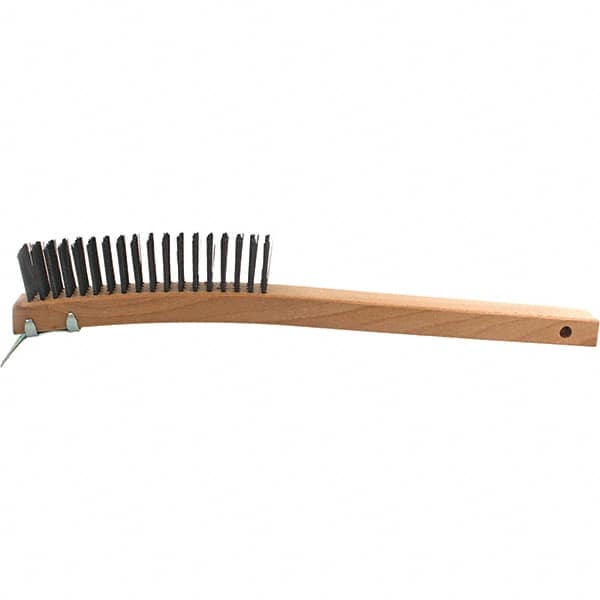 Brush Research Mfg. - 4 Rows x 19 Columns Steel Scratch Brush - 5-3/4" Brush Length, 14" OAL, 1-1/8 Trim Length, Wood Curved Back Handle - Benchmark Tooling