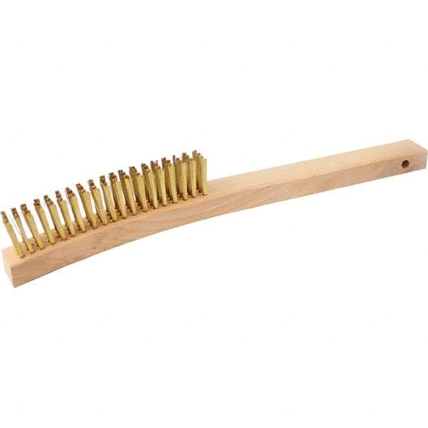 Brush Research Mfg. - 4 Rows x 19 Columns Brass Scratch Brush - 5-3/4" Brush Length, 13-3/4" OAL, 1-1/8 Trim Length, Wood Curved Back Handle - Benchmark Tooling