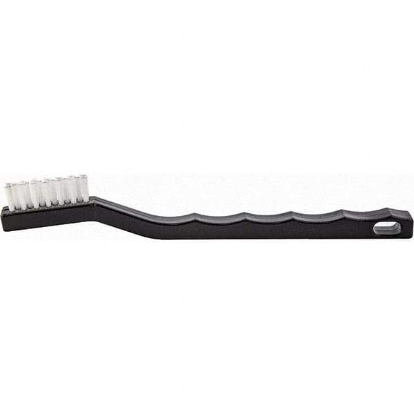 Brush Research Mfg. - 4 Rows x 7 Columns Nylon Scratch Brush - 1/2" Brush Length, 7-1/4" OAL, 1/2 Trim Length, Wood Curved Back Handle - Benchmark Tooling