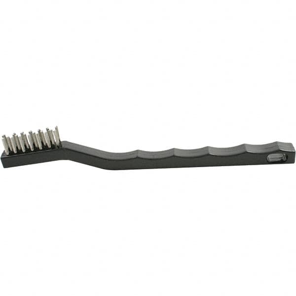 Brush Research Mfg. - 2 Rows x 7 Columns Stainless Steel Scratch Brush - 1/2" Brush Length, 7-1/4" OAL, 1/2 Trim Length, Plastic Curved Back Handle - Benchmark Tooling