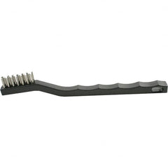 Brush Research Mfg. - 2 Rows x 7 Columns Stainless Steel Scratch Brush - 1/2" Brush Length, 7-1/4" OAL, 1/2 Trim Length, Wood Curved Back Handle - Benchmark Tooling