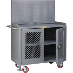 Little Giant - 3,600 Lb Capacity, 3 Shelf, 2 Door Mobile Bench Cabinet with Pegboard Panel - 41" Wide x 24" Deep x 43" High, Steel, Gray - Benchmark Tooling