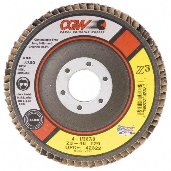Camel Grinding Wheels - 60 Grit, 7" Disc Diam, 5/8-11 Center Hole, Type 29 Zirconia Alumina Flap Disc - 8,600 Max RPM, Poly Cotton Backing, Arbor Attaching System, Coated - Benchmark Tooling