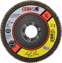 Camel Grinding Wheels - 40 Grit, 4-1/2" Disc Diam, 7/8" Center Hole, Type 29 Zirconia Alumina Flap Disc - 13,300 Max RPM, Poly Cotton Backing, Arbor Attaching System, Coated - Benchmark Tooling