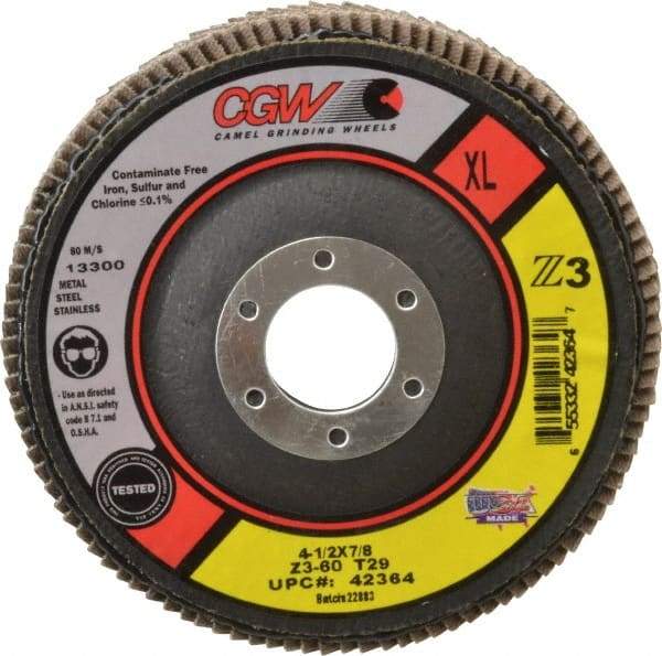 Camel Grinding Wheels - 60 Grit, 4-1/2" Disc Diam, 7/8" Center Hole, Type 29 Zirconia Alumina Flap Disc - 13,300 Max RPM, Poly Cotton Backing, Arbor Attaching System, Coated - Benchmark Tooling