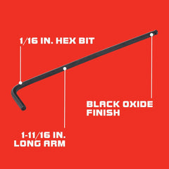 Hex Keys; End Type: Hex; Hex Size (Inch): 1/16 in; Handle Type: L-Handle; Arm Style: Long; Arm Length: 1.688 in; Overall Length (Inch): 1-11/16 in; Handle Color: Black; Handle Material: Alloy Steel; Blade Length (Decimal Inch): 0.0630; Length Under Head (