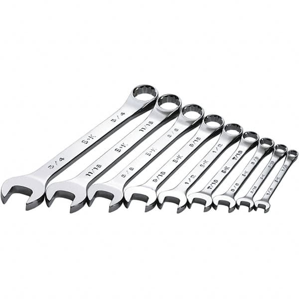 SK - 9 Piece, 1/4 to 3/4", Combination Wrench Set - Inch System of Measurement, Chrome Finish - Benchmark Tooling