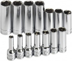 SK - 14 Piece 3/8" Drive Tethered Thin Wall Deep Socket Set - 6 Points, 6 to 19mm, Metric Measurement Standard - Benchmark Tooling