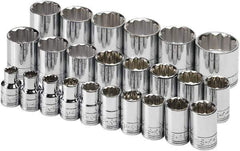 SK - 24 Piece 1/2" Drive Tethered Standard Socket Set - 12 Points, 10 to 36mm, Metric Measurement Standard - Benchmark Tooling