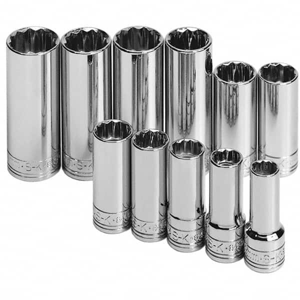 SK - 11 Piece 3/8" Drive Deep Well Socket Set - 12 Points, 9mm to 19mm Range, Metric Measurement Standard - Benchmark Tooling