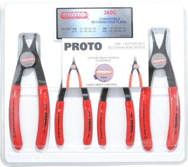 Proto - 4 Piece, 3/8 to 2" Bore, 1/4 to 2" Shaft, Convertible Retaining Ring Pliers Set - 0.038 to 0.07" Tip Diam Range - Benchmark Tooling